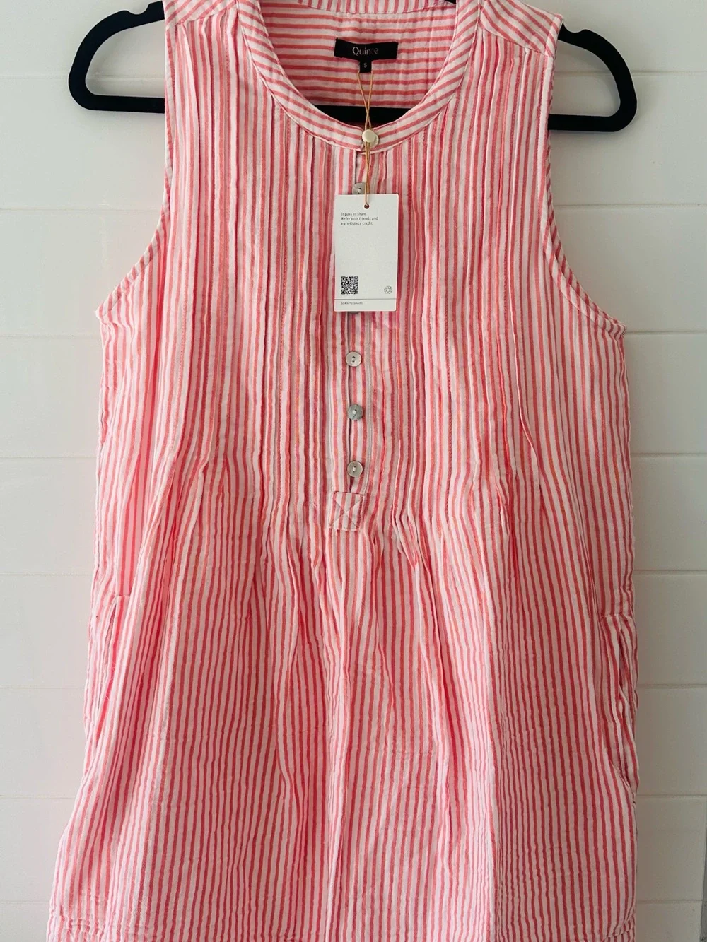 Quince Sleeveless Summer Pink Stripe Pleated Button-Front 💯 Organic Cotton Dress - Picture 6 of 7